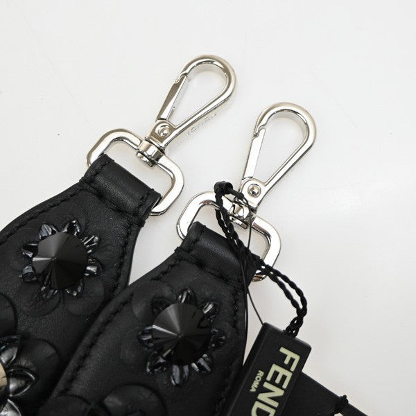 FENDI Logo Bag Shoulder Strap Flower Studs Leather Black SHW Italy 30KP492