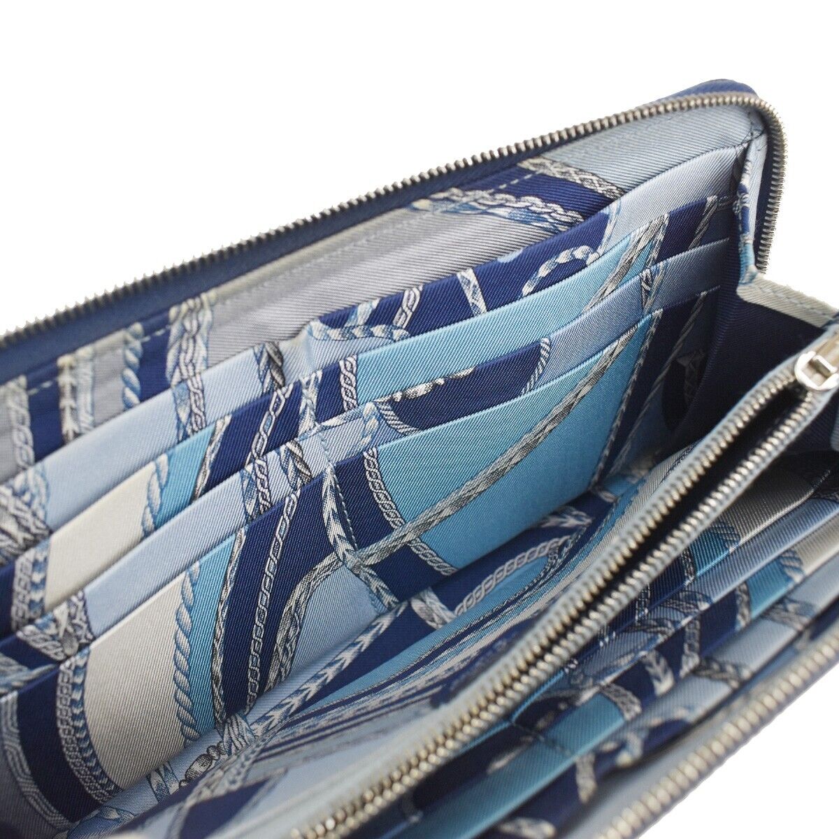 HERMES Azap Silk In Long Zipper Bifold Wallet Purse Leather Blue Silver 37JH641
