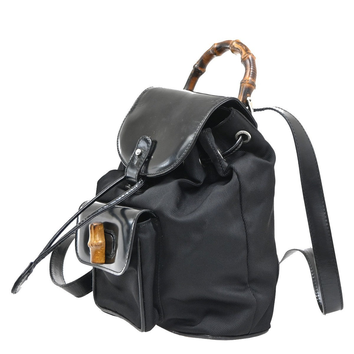 GUCCI Logo Bamboo Backpack Bag Leather Nylon Black Italy 04KP347
