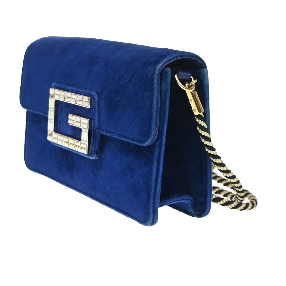 GUCCI Crystal G Logo Broadway Min Shoulder Bag Velvet Leather Blue GHW 16YH968