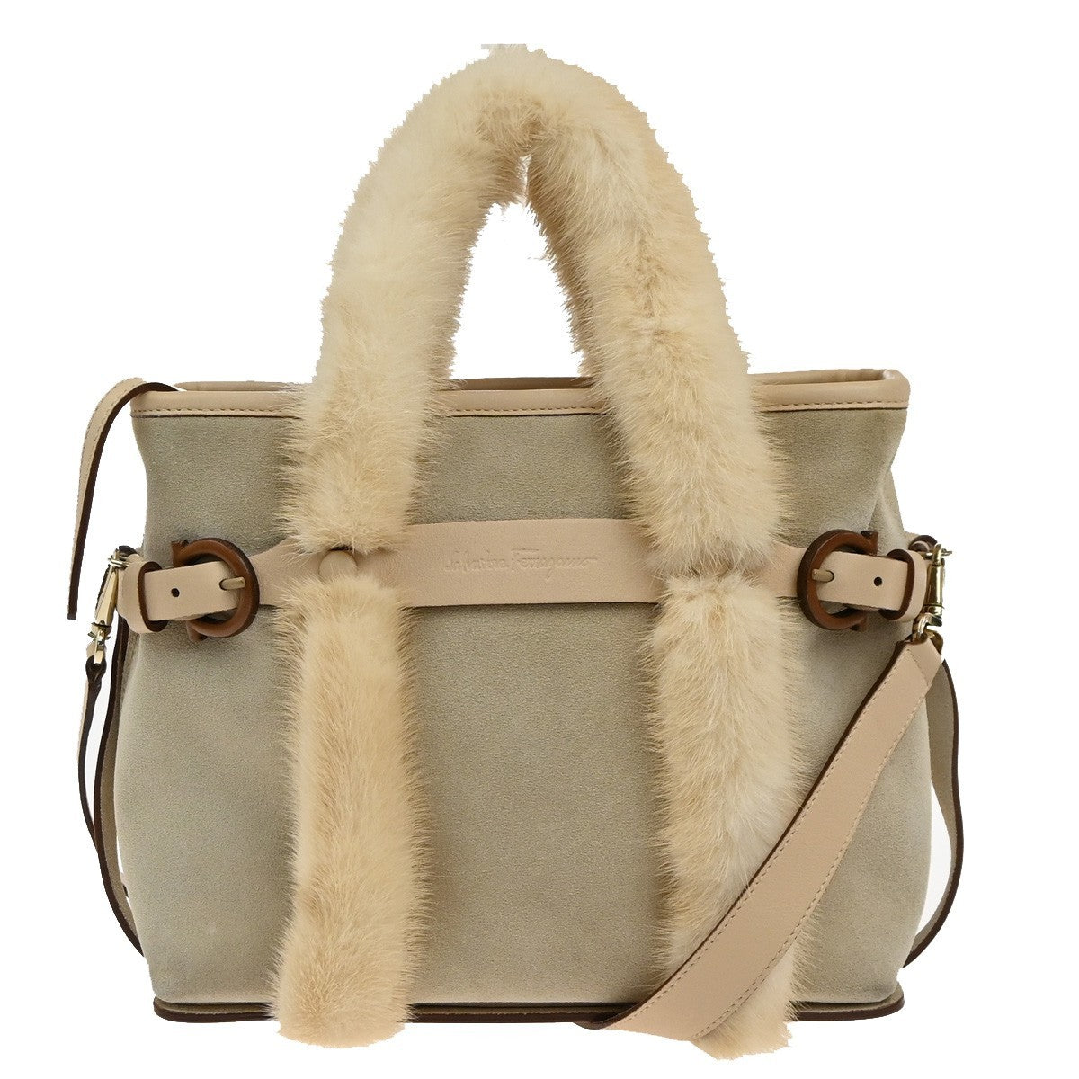 SALVATORE FERRAGAMO Gancini 2Way Shoulder Hand Bag Suede Fur Leather BE 80KP571