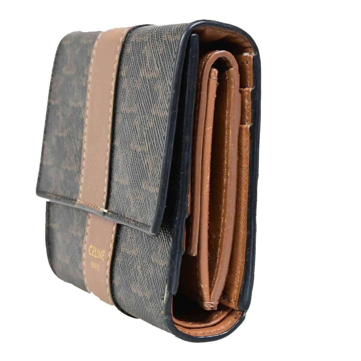 CELINE Logo Macadam Pattern Bifold Wallet PVC Leather Brown Italy 68FB093