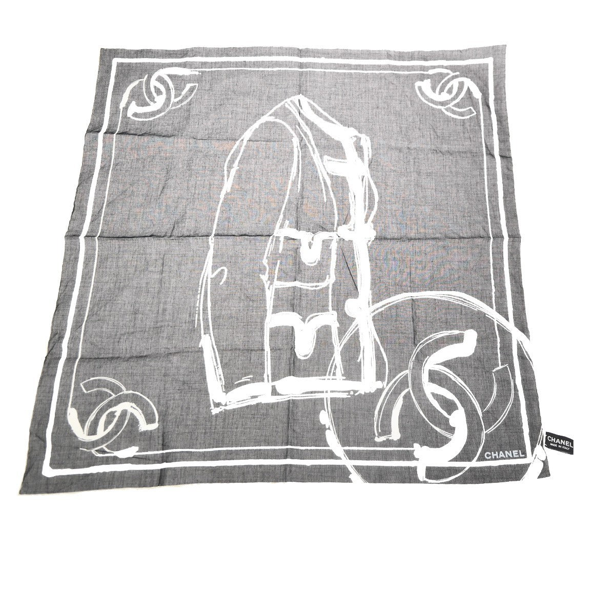 CHANEL CC Logo 55 Sketch Scarf Handkerchief 100% Cotton White BK Italy 63RL869