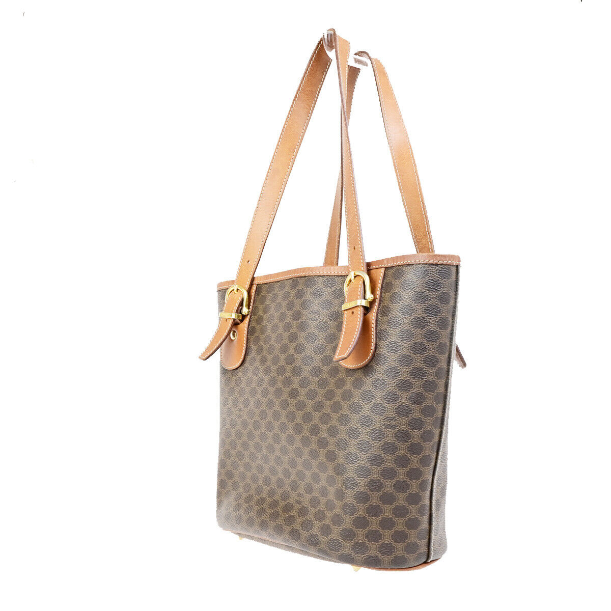CELINE Logo Macadam Pattern Shoulder Tote Bag PVC Leather Brown GHW 67YG537