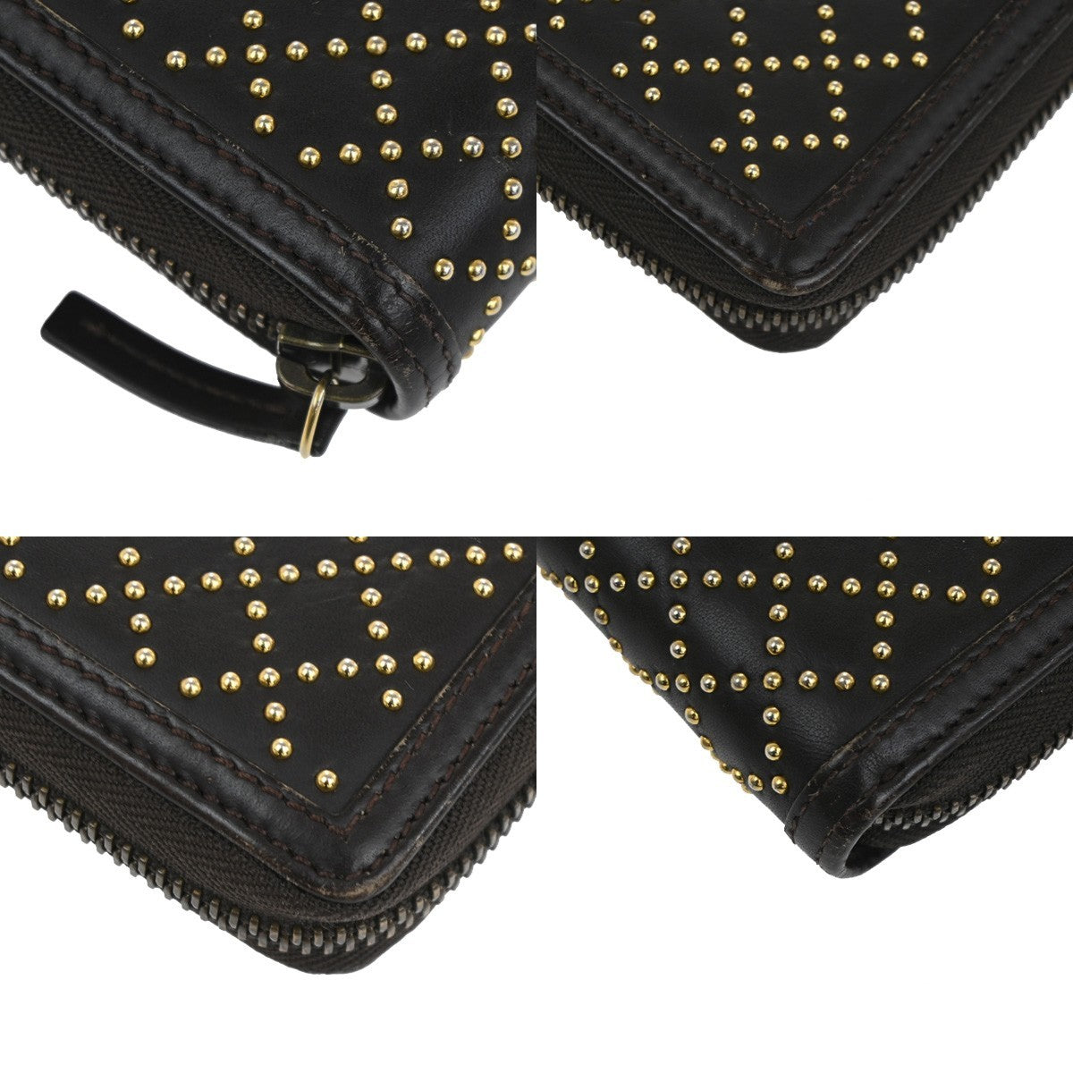 GUCCI Logo Diamante Studded GG Long Zipper Wallet Leather Brown Gold 62TA307