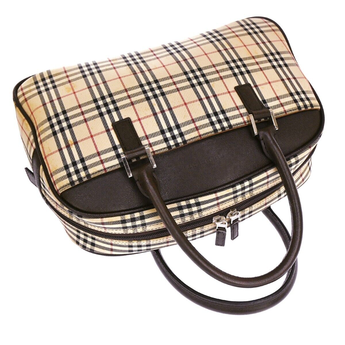 BURBERRY Logo Nova Check Hand Bag Canvas Leather Beige Brown Silver 63HB067
