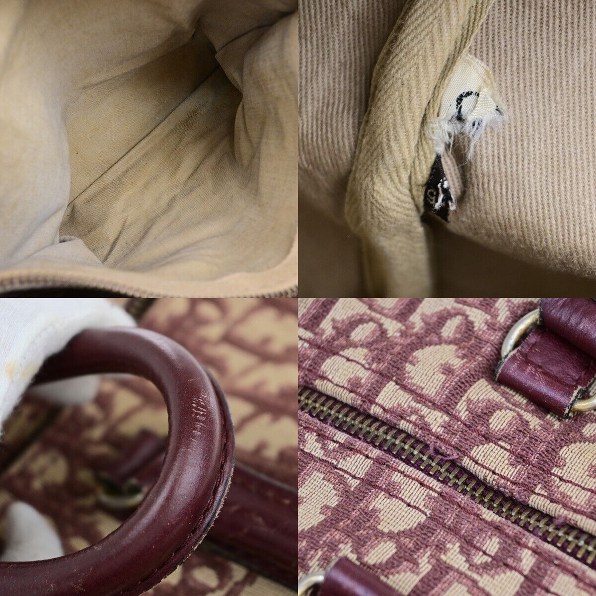 CHRISTIAN DIOR Logo Trotter Pattern Hand Bag Canvas Leather Bordeaux GHW 31EB476