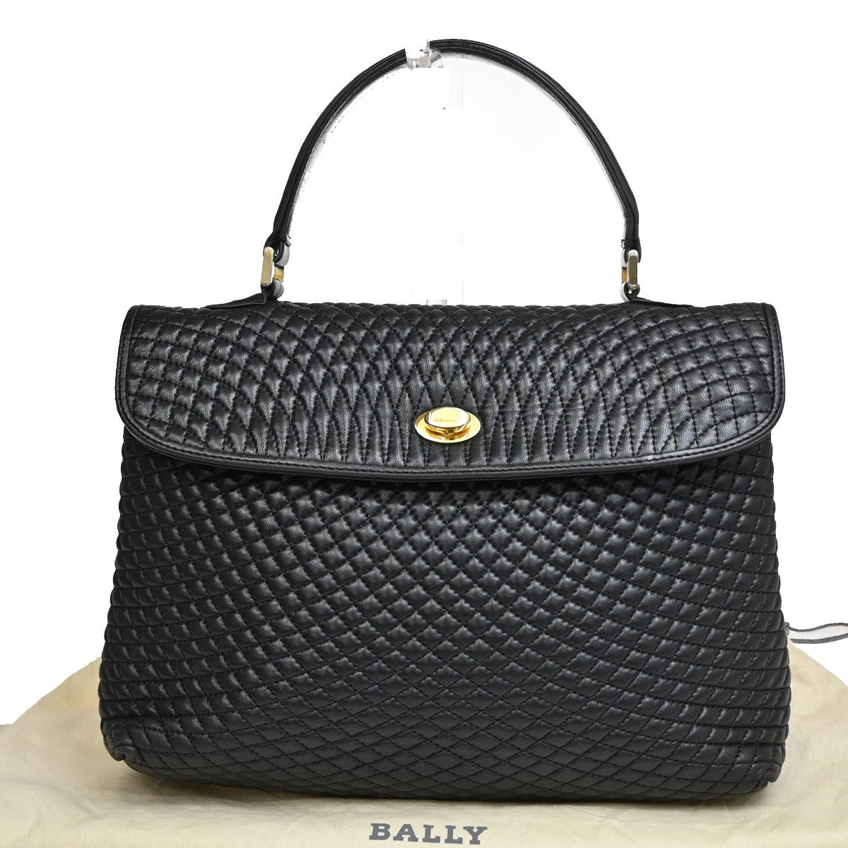 BALLY Logo Quilted Hand Bag Leather Black GHW Italy 02YH286