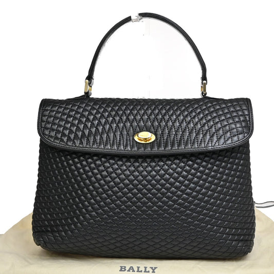 BALLY Logo Quilted Hand Bag Leather Black GHW Italy 02YH286