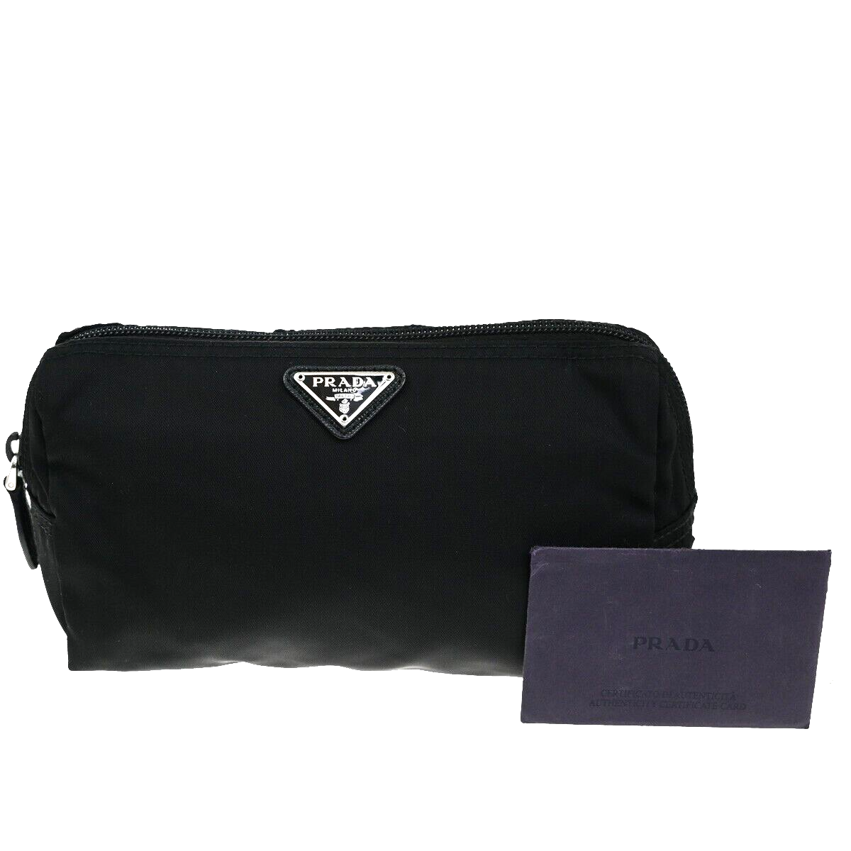 PRADA Logo Tessuto Cosmetic Pouch Nylon Leather Black Silver 32YH094