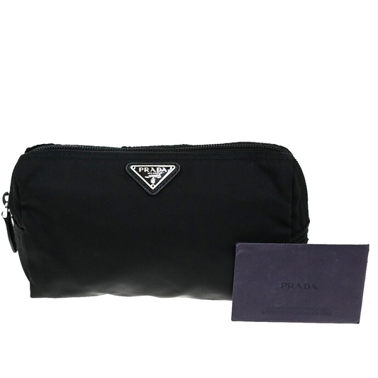 PRADA Logo Tessuto Cosmetic Pouch Nylon Leather Black Silver 32YH094