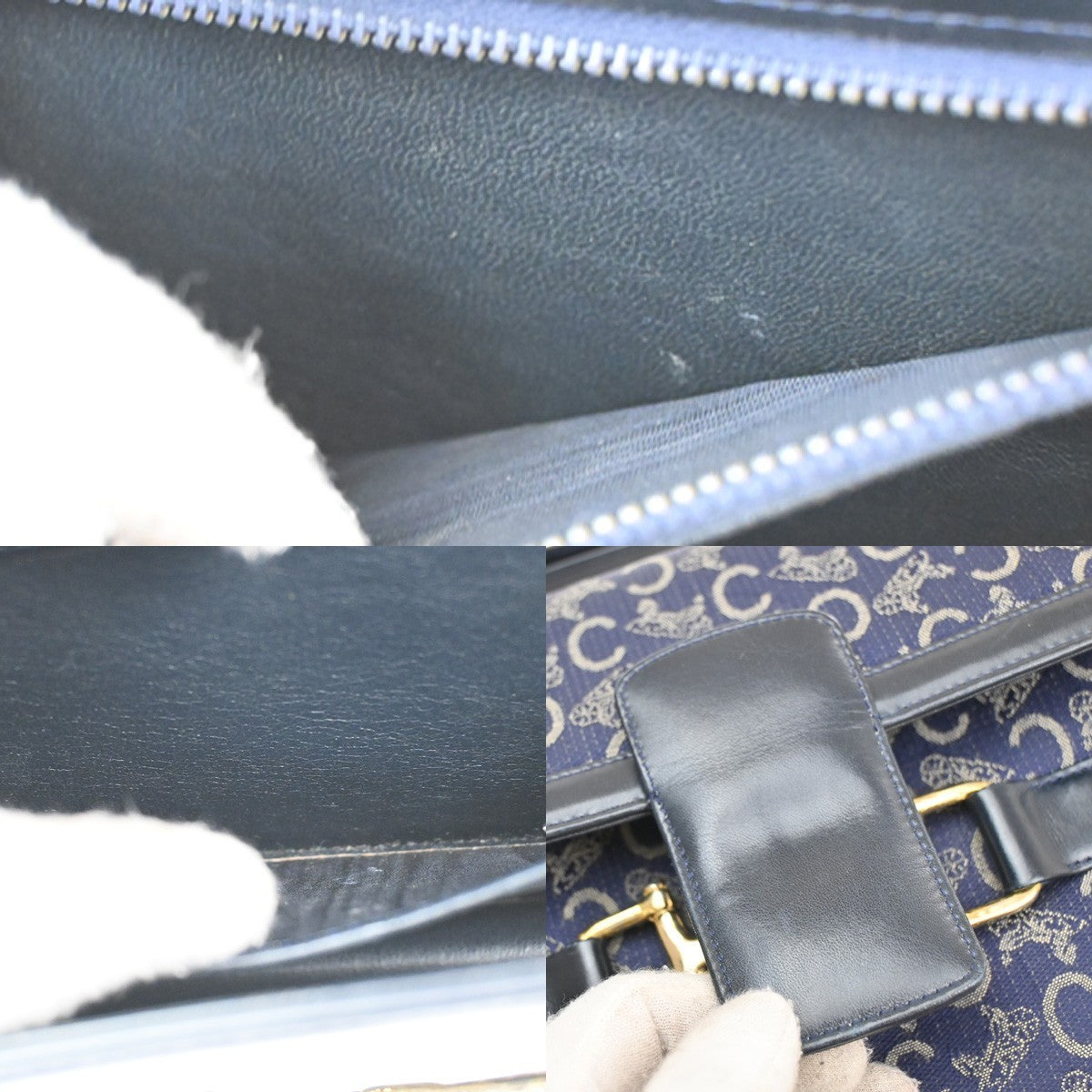 CELINE Logo C Macadam Horse Carriage Shoulder Bag Canvas Leather Navy 31CA386