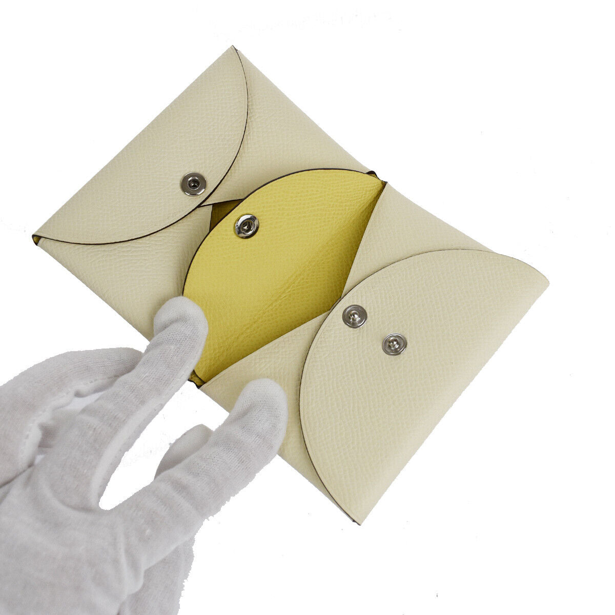 HERMES Calvi Duo Card Case Wallet Bicolor Veau Epsom Nata Jaune Poussin 50YC791