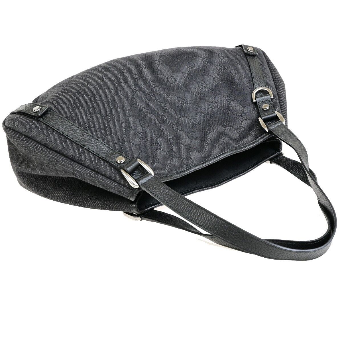 GUCCI Logo GG Pattern Shoulder Tote Bag Canvas Leather Black Italy 76FB351