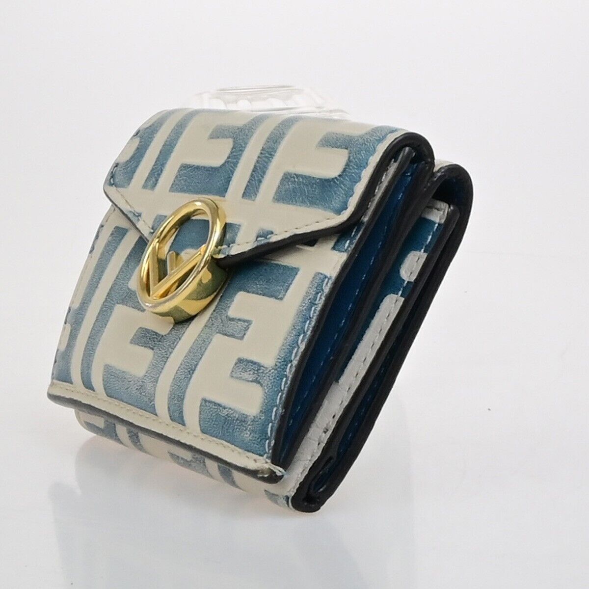 FENDI Zucca Pattern Mini Trifold Compact Wallet Leather Blue White Italy 61KA542