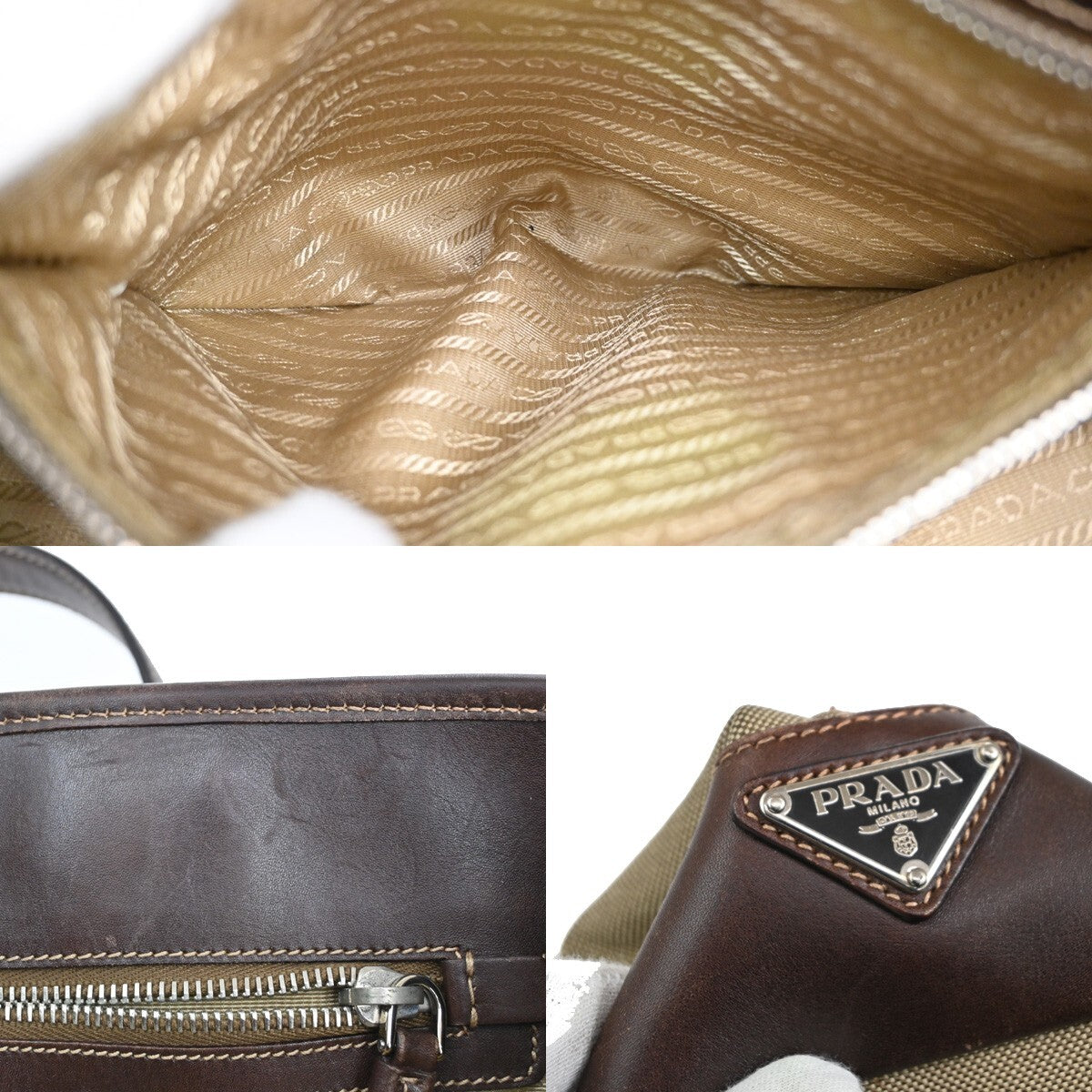 PRADA MILANO Logo Shoulder Bag Canvas Leather Brown Made in Italy 38EE166