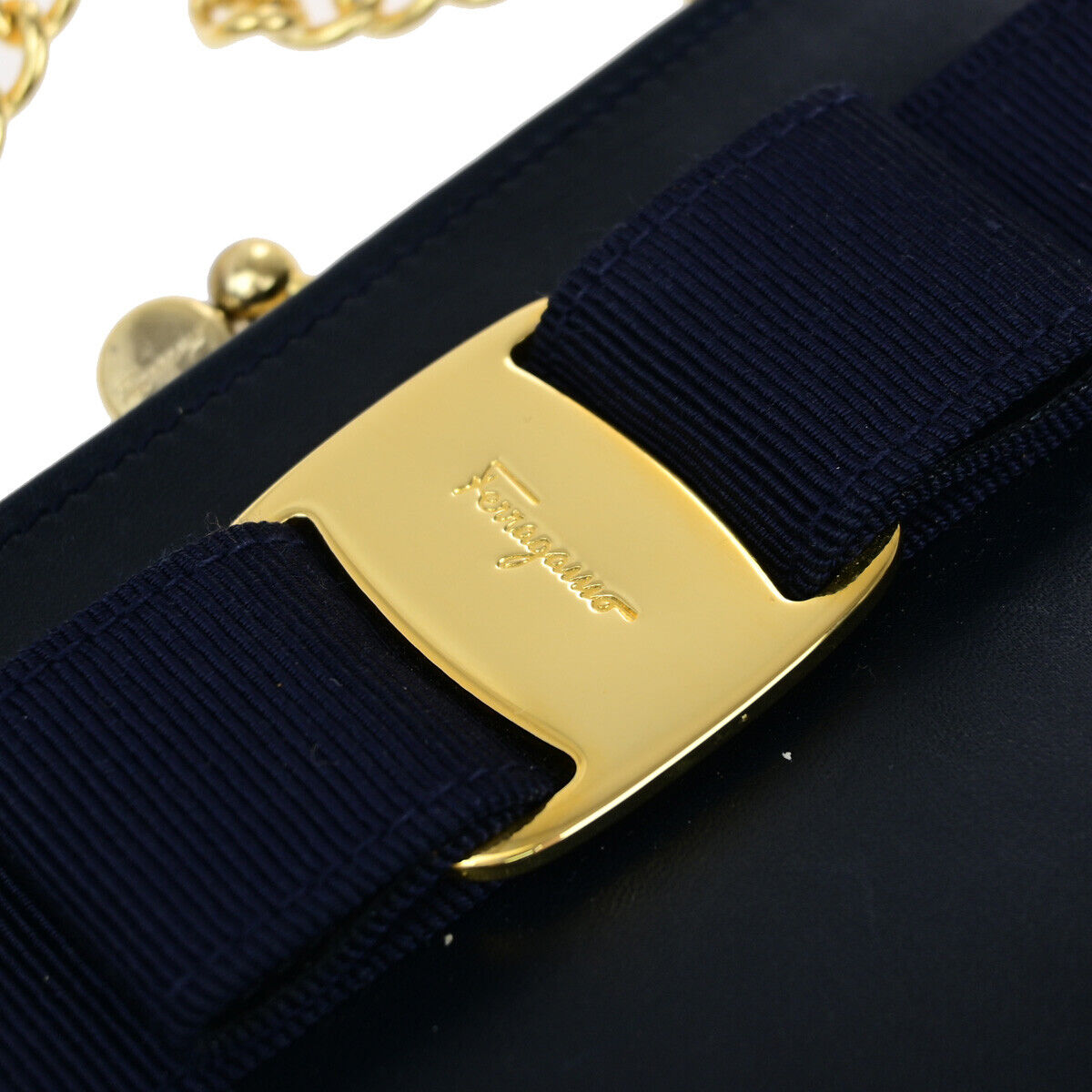 SALVATORE FERRAGAMO Vara Mini Chain Shoulder Bag Leather Navy Blue GHW 69YF494