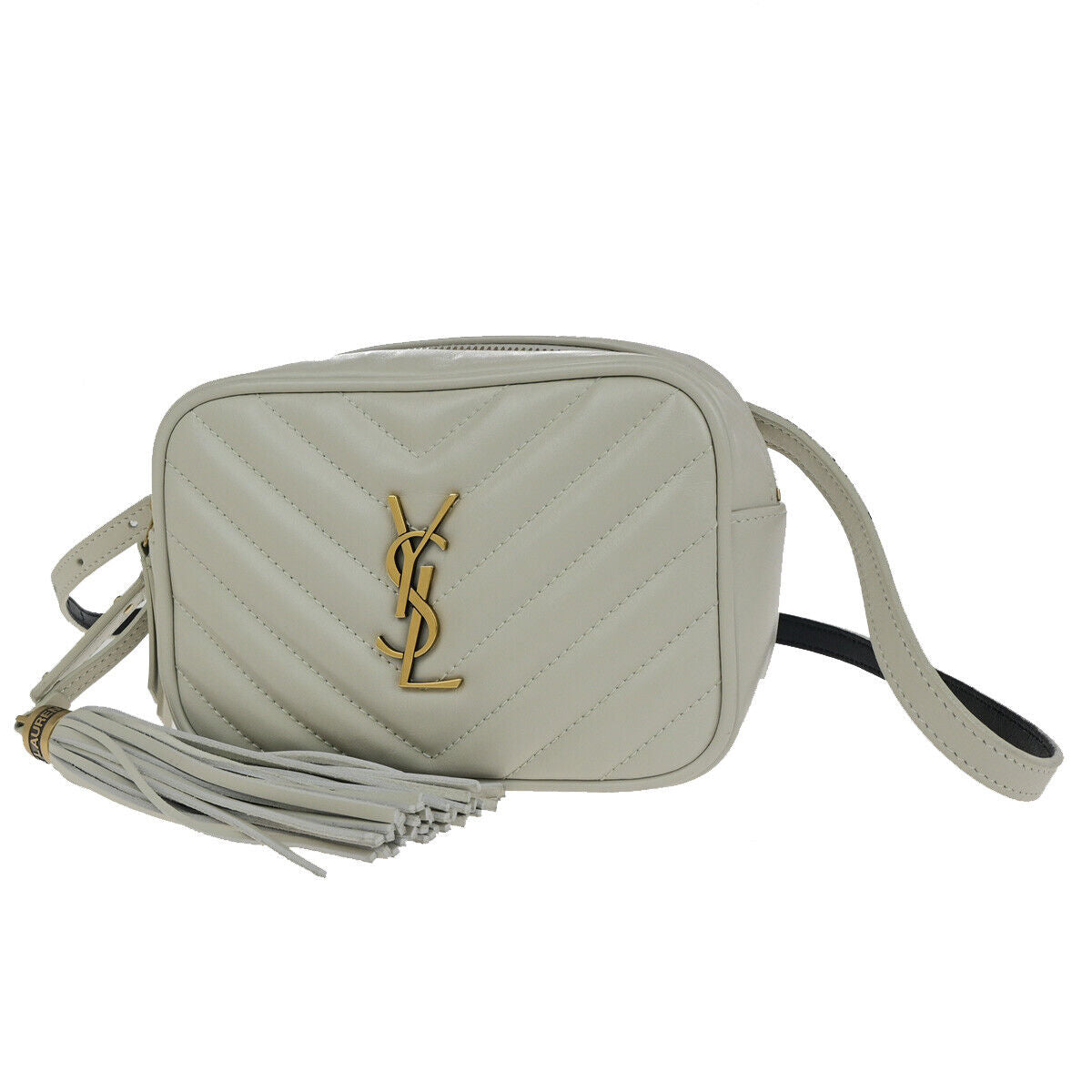 SAINT LAURENT YSL Logo Lou Belt Bum Body Bag Tassel Leather Ivory GHW 21YG406