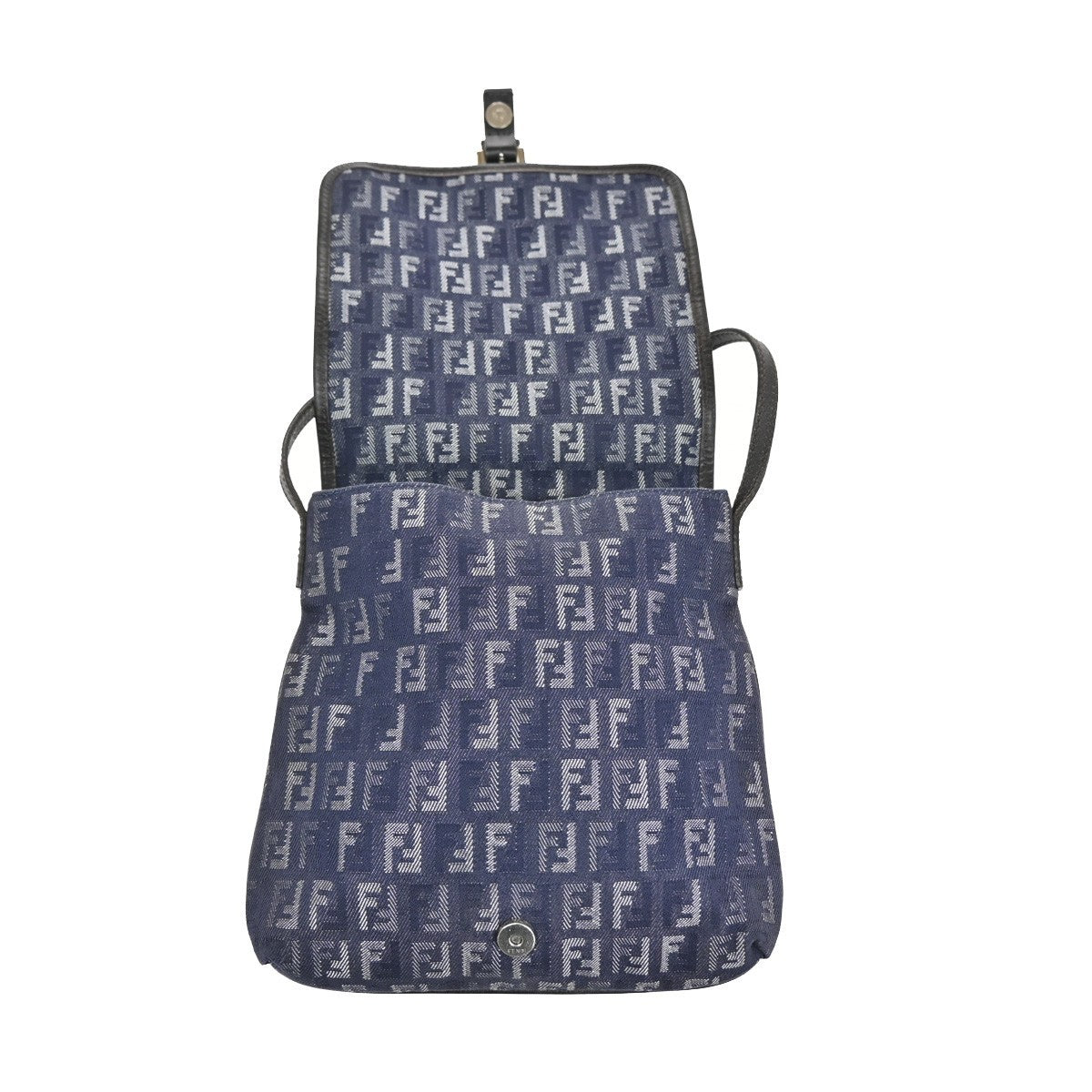 FENDI Logo Zuccino Flap Shoulder bag Canvas Leather Blue SHW Italy 85MA113