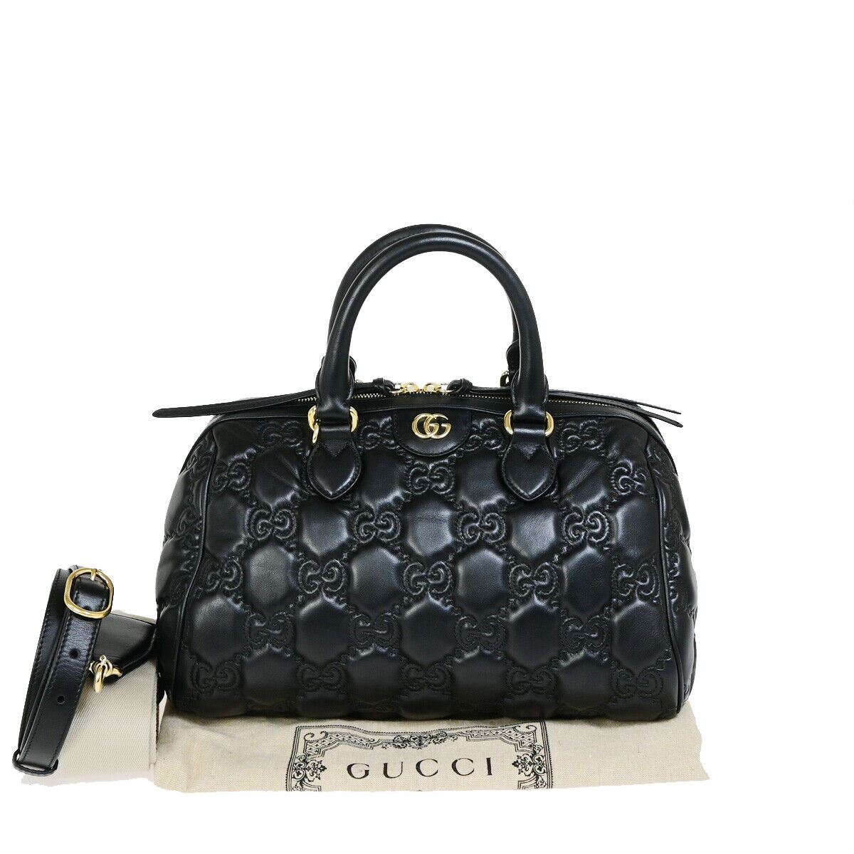 GUCCI Logo GG Matelasse 2Way Travel Shoulder Hand Bag Leather Black GHW 332RK358