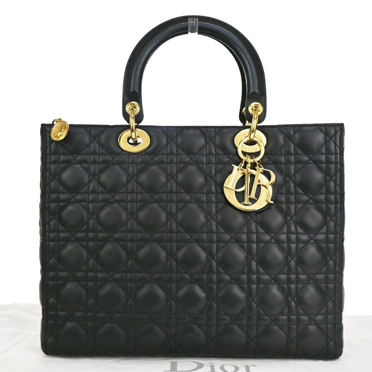 CHRISTIAN DIOR Lady Cannage Hand Tote Bag Leather Black Gold Italy 650RC585