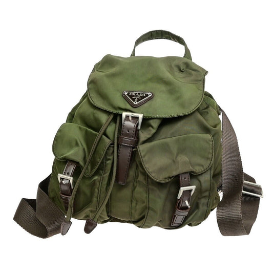 PRADA MILANO Logo Small Backpack Bag Nylon Leather Green Brown Italy 62FB353