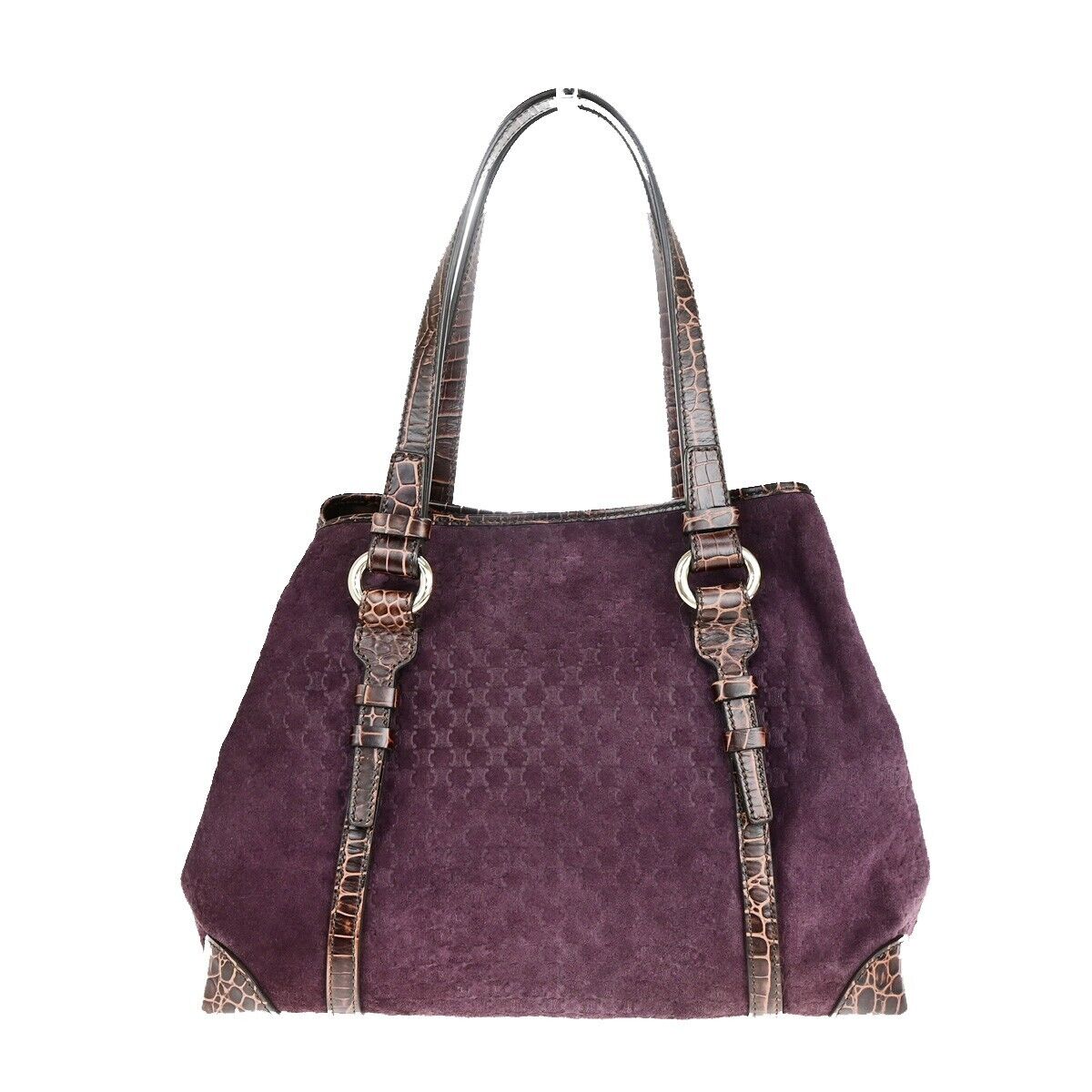 CELINE Logo Macadam Shoulder Tote Bag Suede Embossed Leather Purple SHW 34EC964