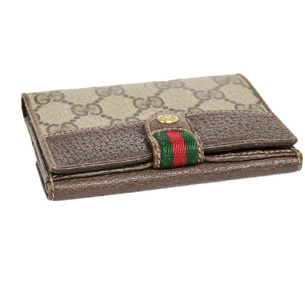 GUCCI Logo Sherry GG Pattern Bifold Wallet Purse PVC Leather Brown Gold 09YE955