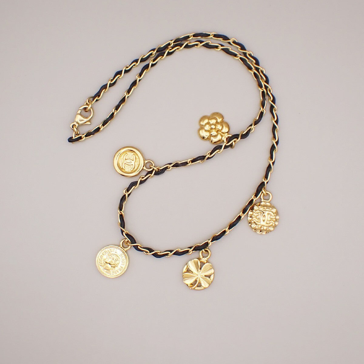 CHANEL CC Camellia Clover Chain Necklace 96P Leather GHW Vintage 665RK645