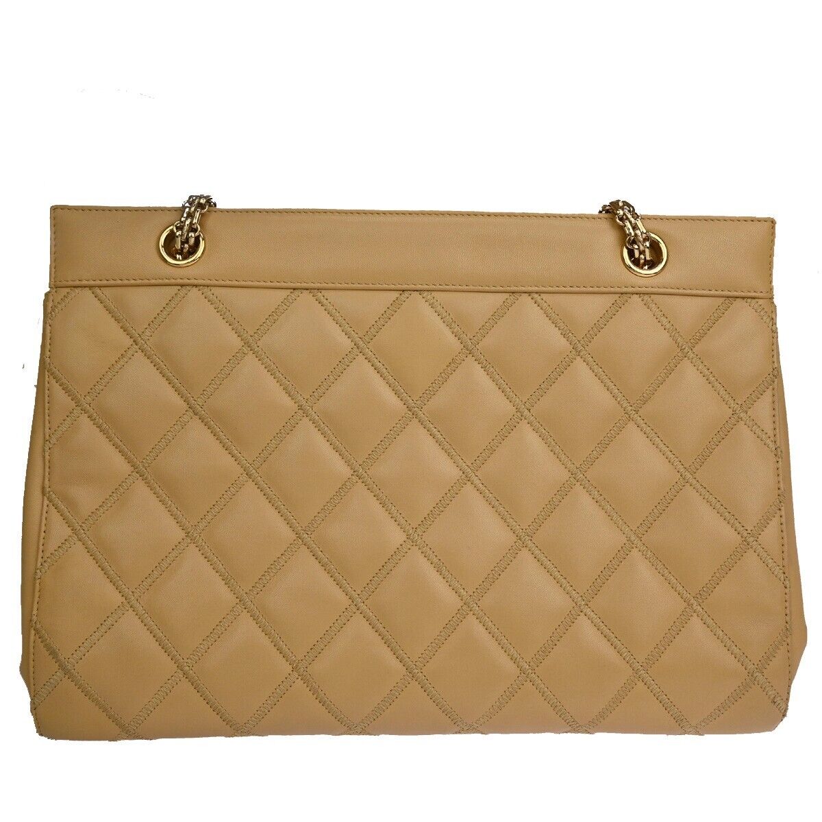 CHANEL CC Logo Matelasse Chain Shoulder Tote Bag Leather Beige GHW 305RJ393