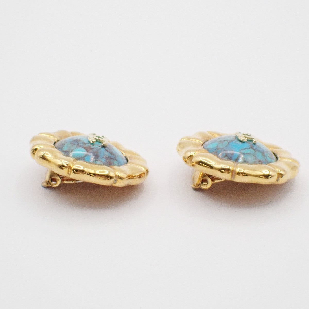 CHANEL CC Logo Color Stone Round Button Earrings Clip-On Blue GHW France 30RF655