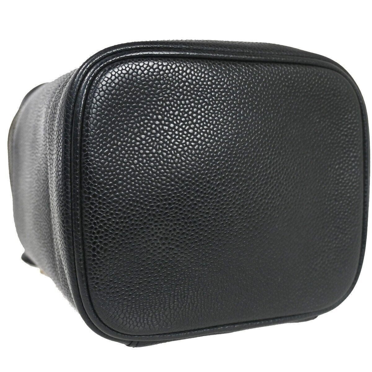 CHANEL CC Logo Cosmetic Vanity Hand Bag Grained Calfskin Leather Black 614RH061