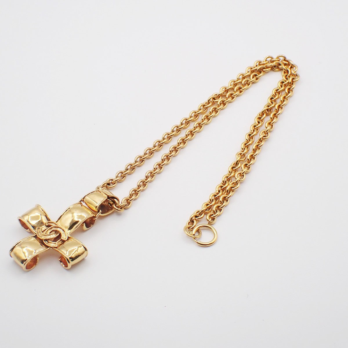 CHANEL CC Logo Cross Chain Long Necklace Pendant 94P Gold France Vintage 53RL935