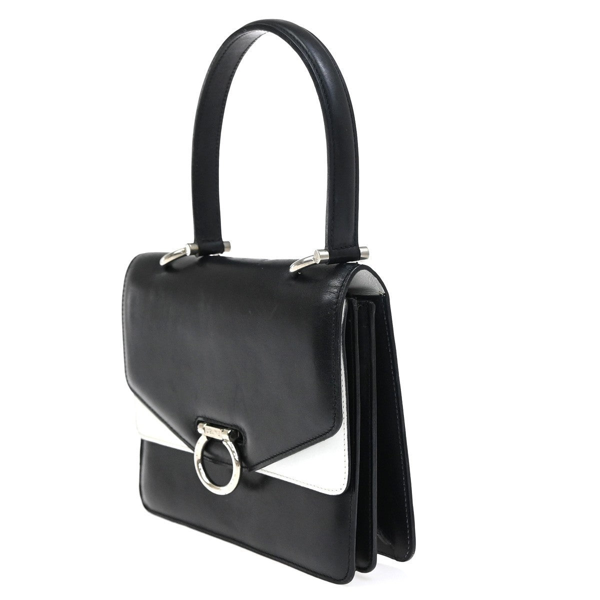 CELINE Logo Bicolor Double Flap Hand Bag Leather Black White Italy 80EG224