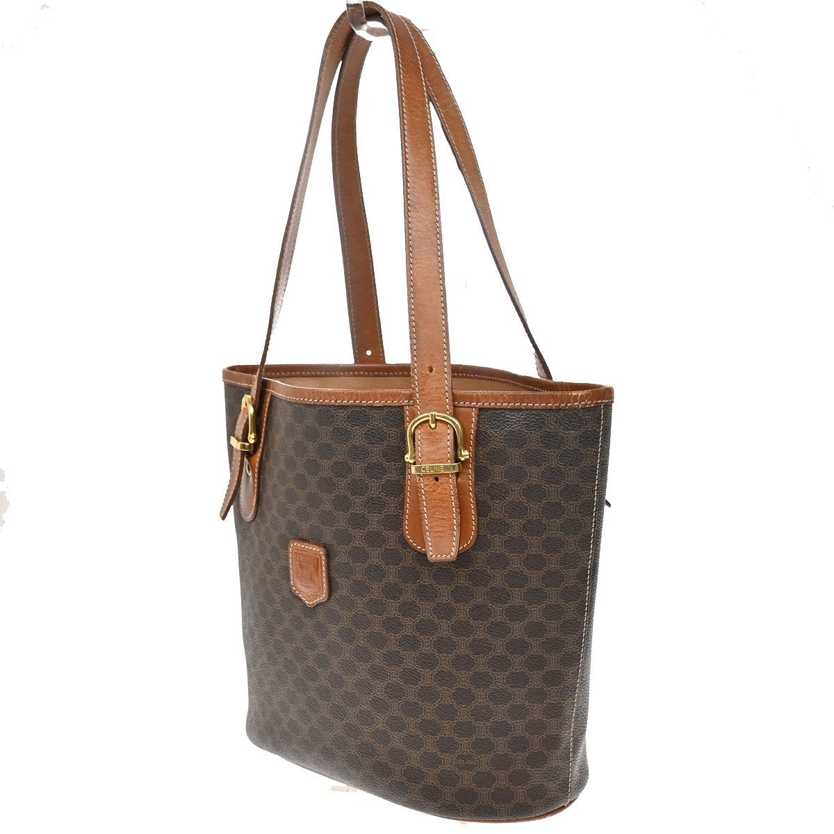 CELINE Logo Macadam Pattern Shoulder Tote Bag PVC Leather Brown GHW 67KP100