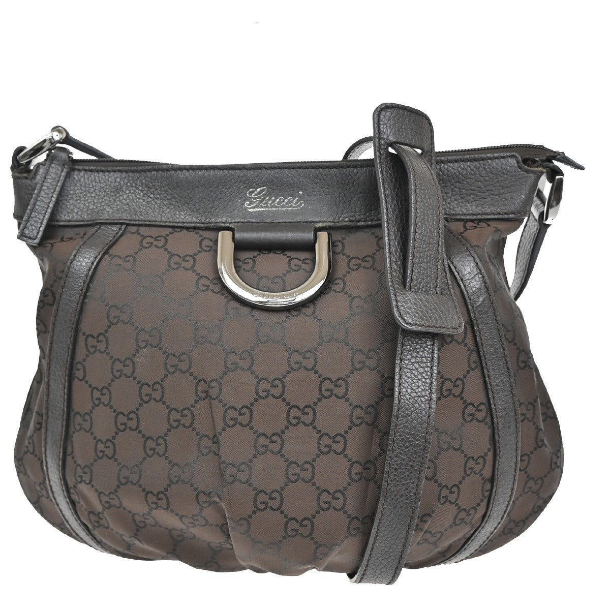 GUCCI Logo GG pattern Abbey Shoulder Bag Nylon Leather Brown SHW Italy 88KB731