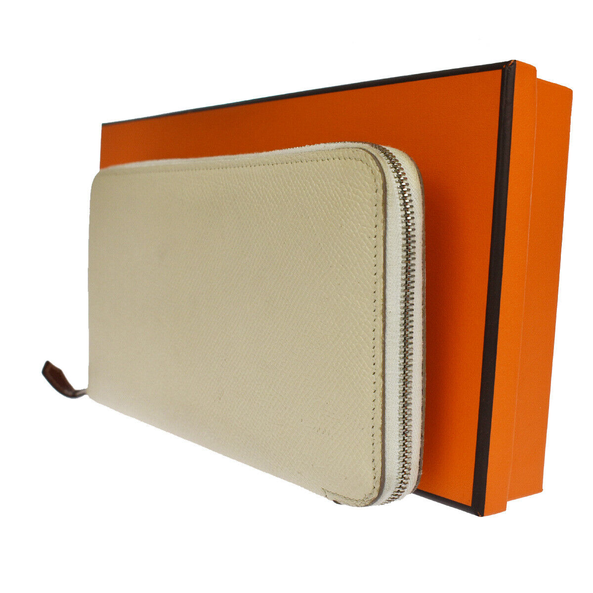 HERMES Azap Long Zipper Wallet Purse Veau Epsom Leather Silk In Craie 72RH515