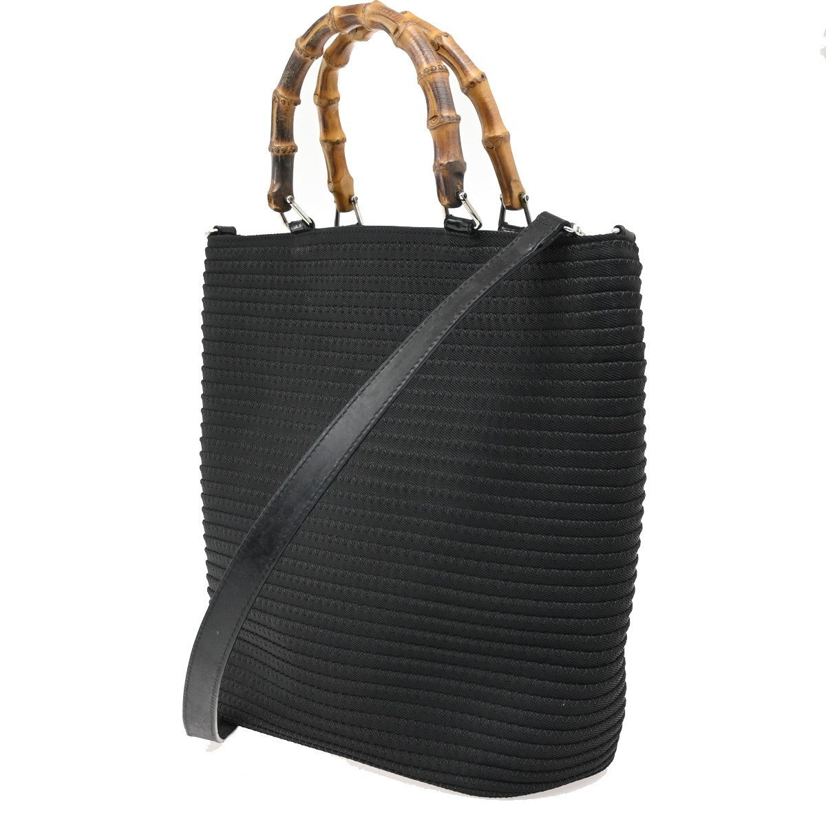 GUCCI Logo Bamboo 2Way Shoulder Hand Bag Canvas Leather Black SHW 67DA175