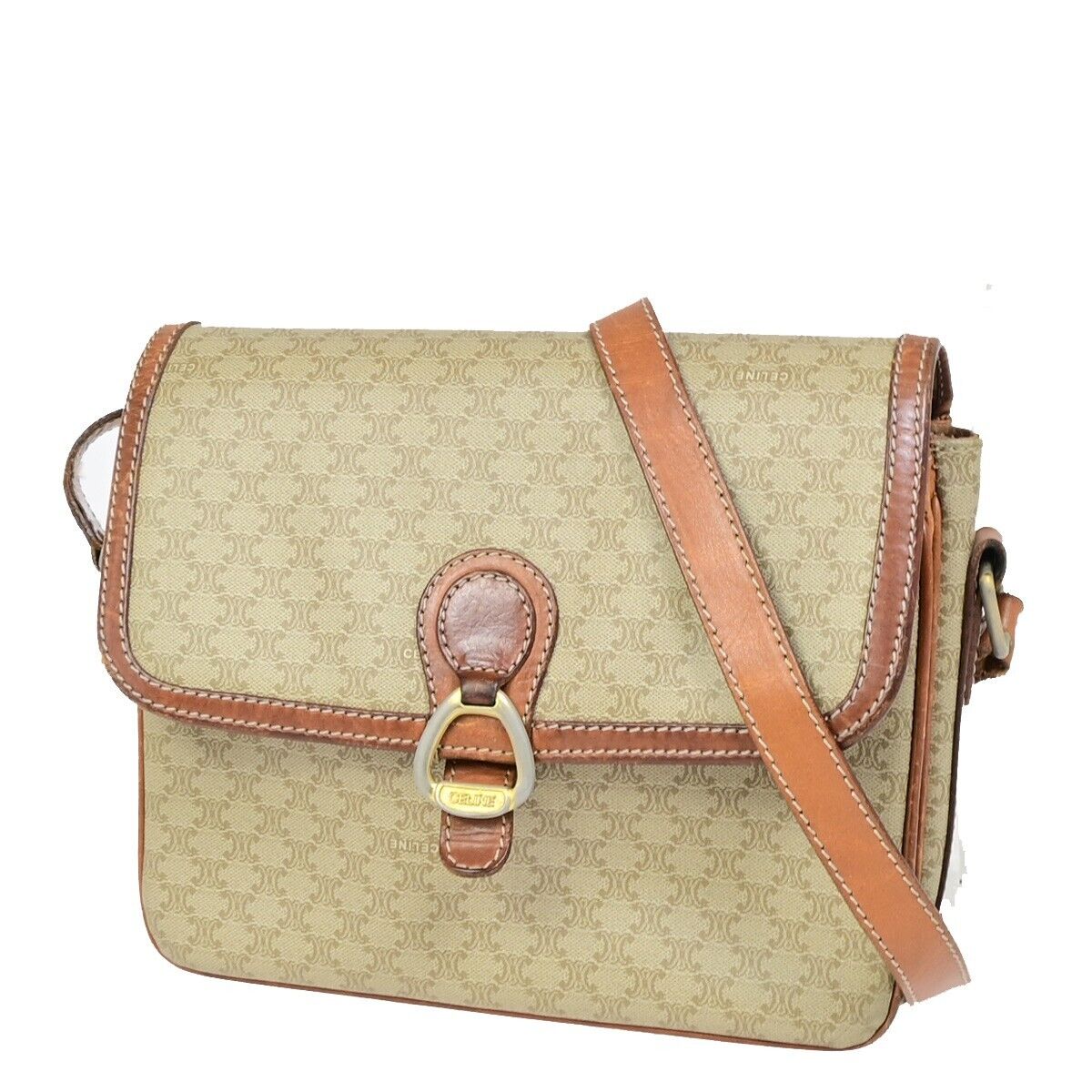 CELINE Logo Macadam Pattern Shoulder Bag PVC Leather Beige Italy 04EB426