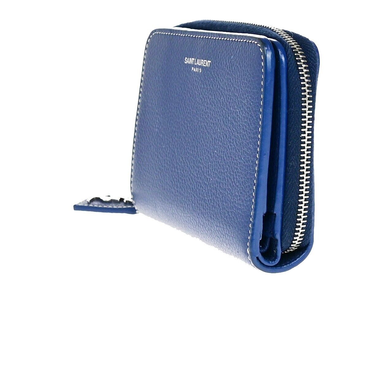 SAINT LAURENT Logo Bifold Wallet Purse Leather Blue SHW Made in Italy 65EB003