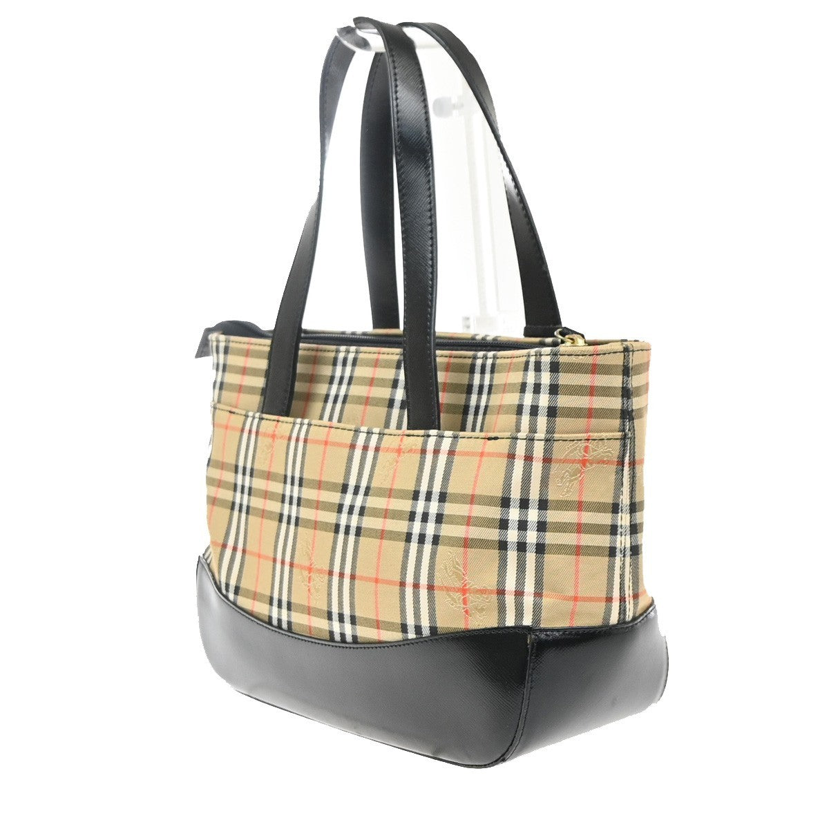 BURBERRY Logo Nova Check Tote Hand Bag Canvas Leather Beige Black GHW 87RL996