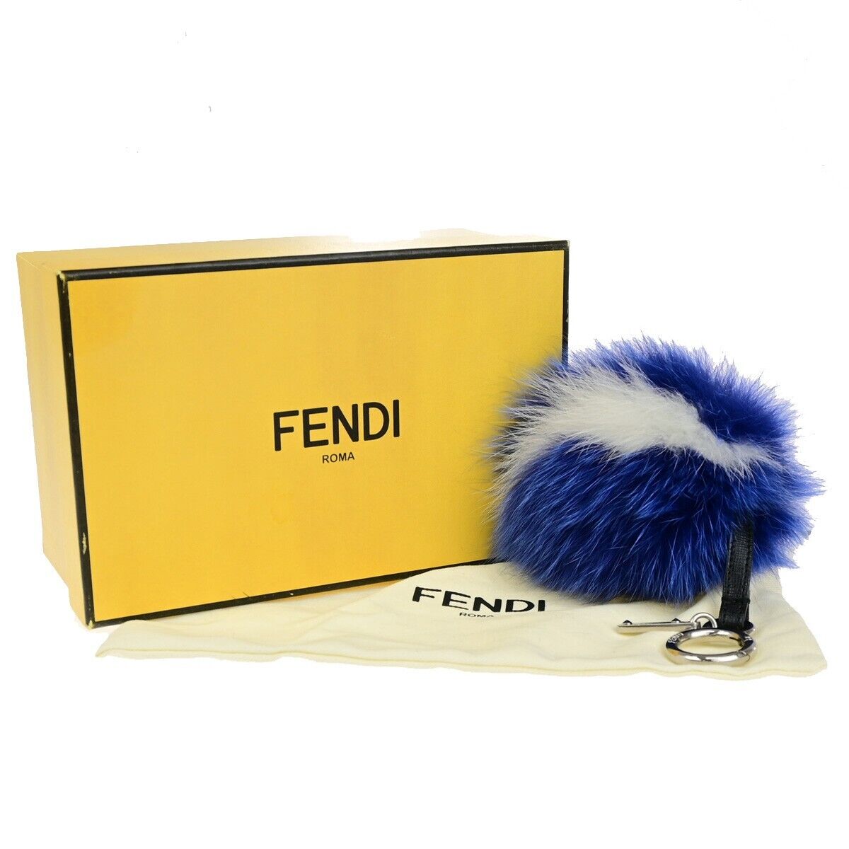 FENDI Logo Pompom Bag Charm Key Ring Chain Fur Leather Blue White SHW 04KA449