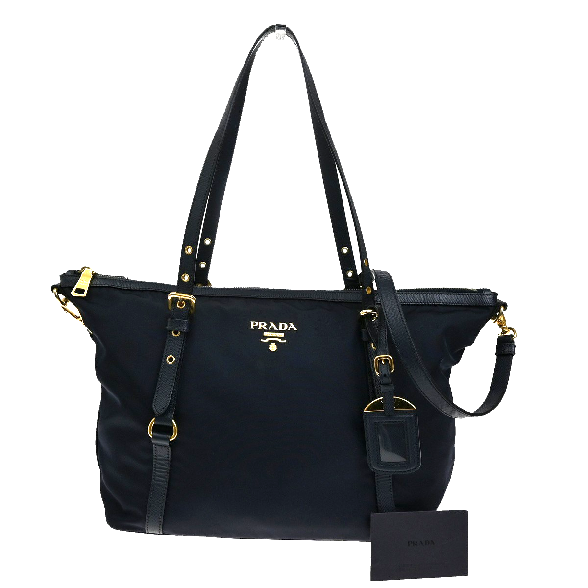 PRADA Logo 2Way Shoulder Hand Bag Nylon Leather Navy Blue GHW 1BG253 79KB502