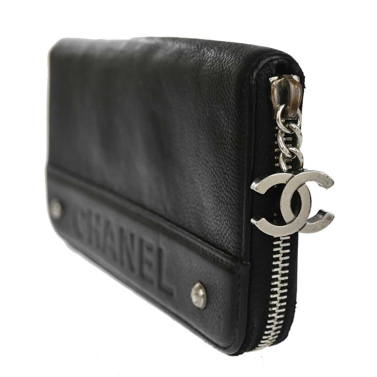 CHANEL CC Logo Zipper Long Bifold Wallet Purse Caviar Skin Leather Black 38YC420