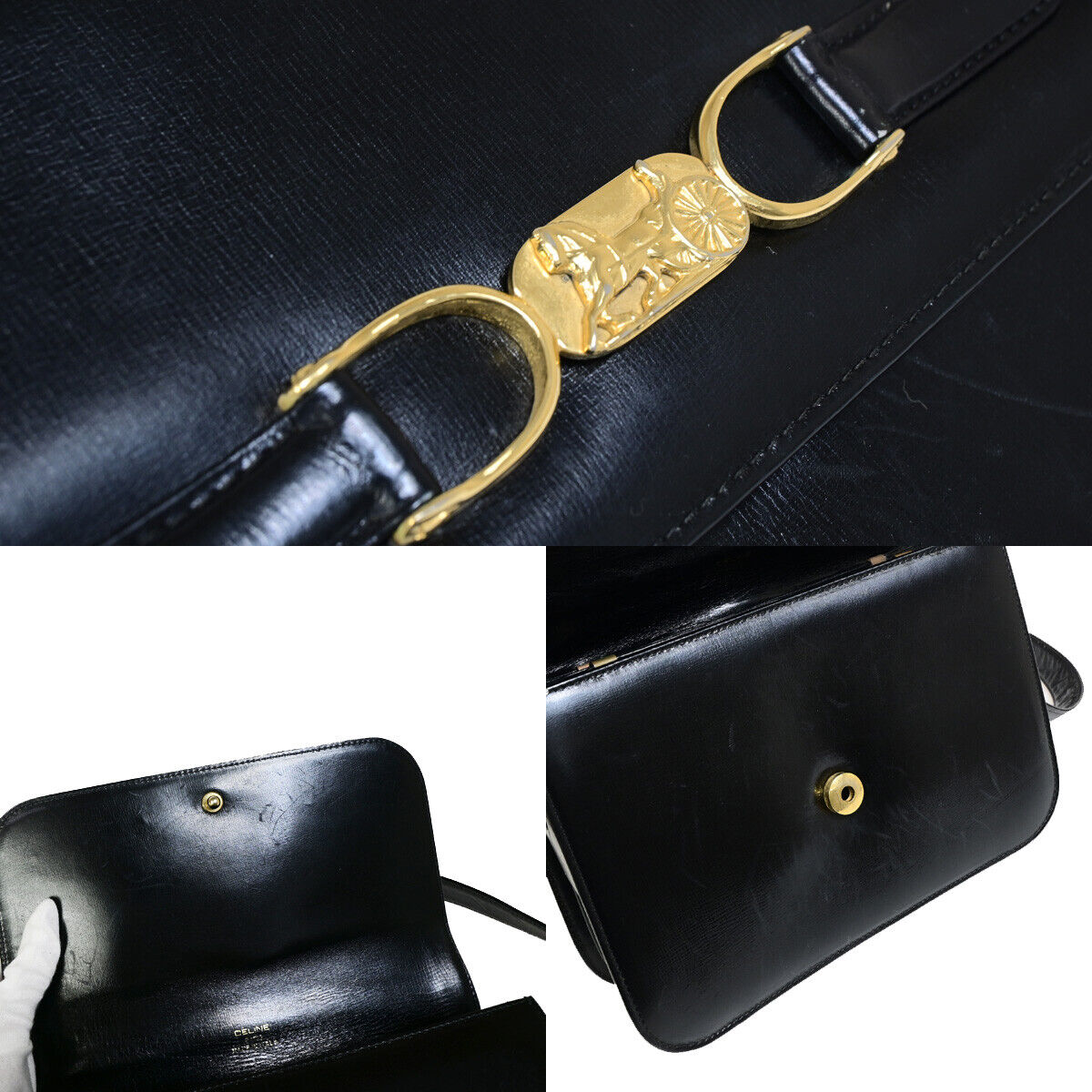 CELINE Logo Horse Carriage Shoulder Bag Leather Black GHW Italy 63YG344
