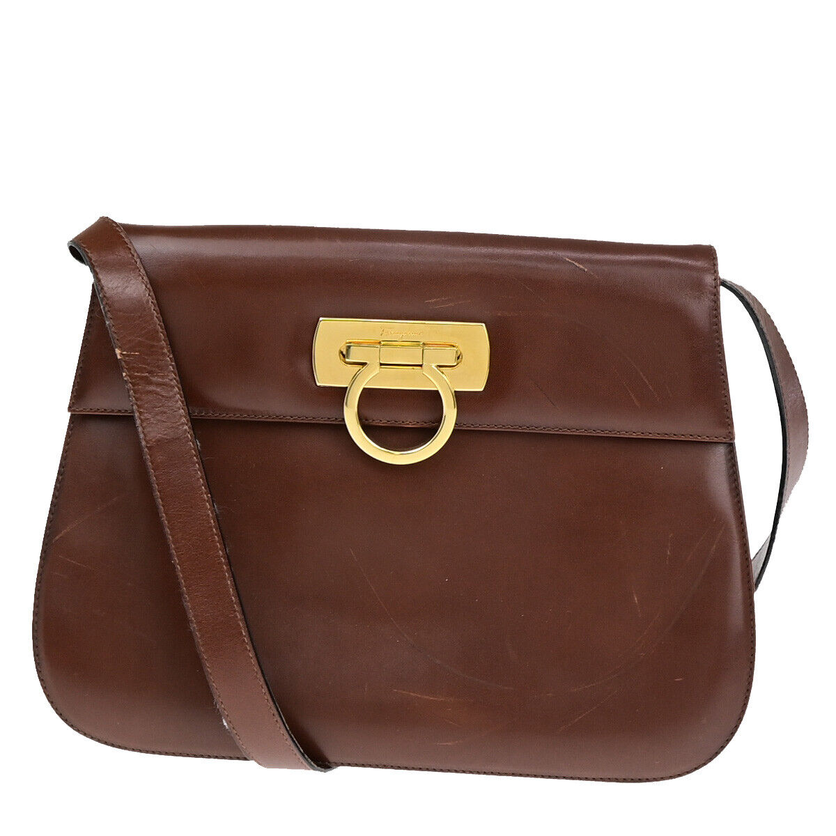SALVATORE FERRAGAMO Logo Gancini Shoulder Bag Leather Brown GHW Italy 67YE859