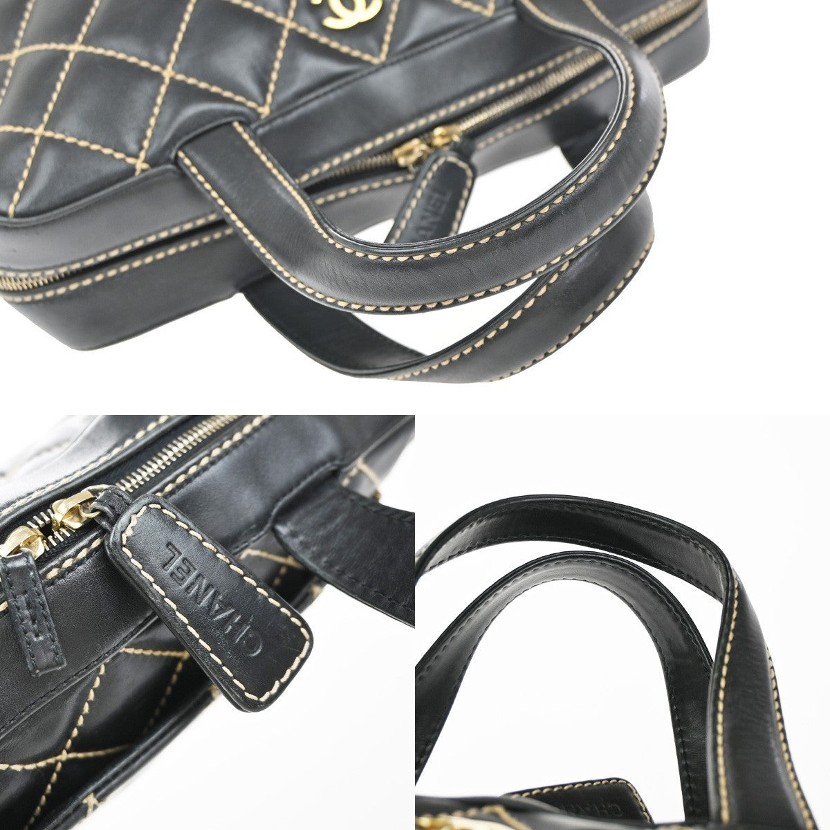 CHANEL CC Logo Wild Stitch Matelasse Hand Tote Bag Leather Black Italy 57RP095