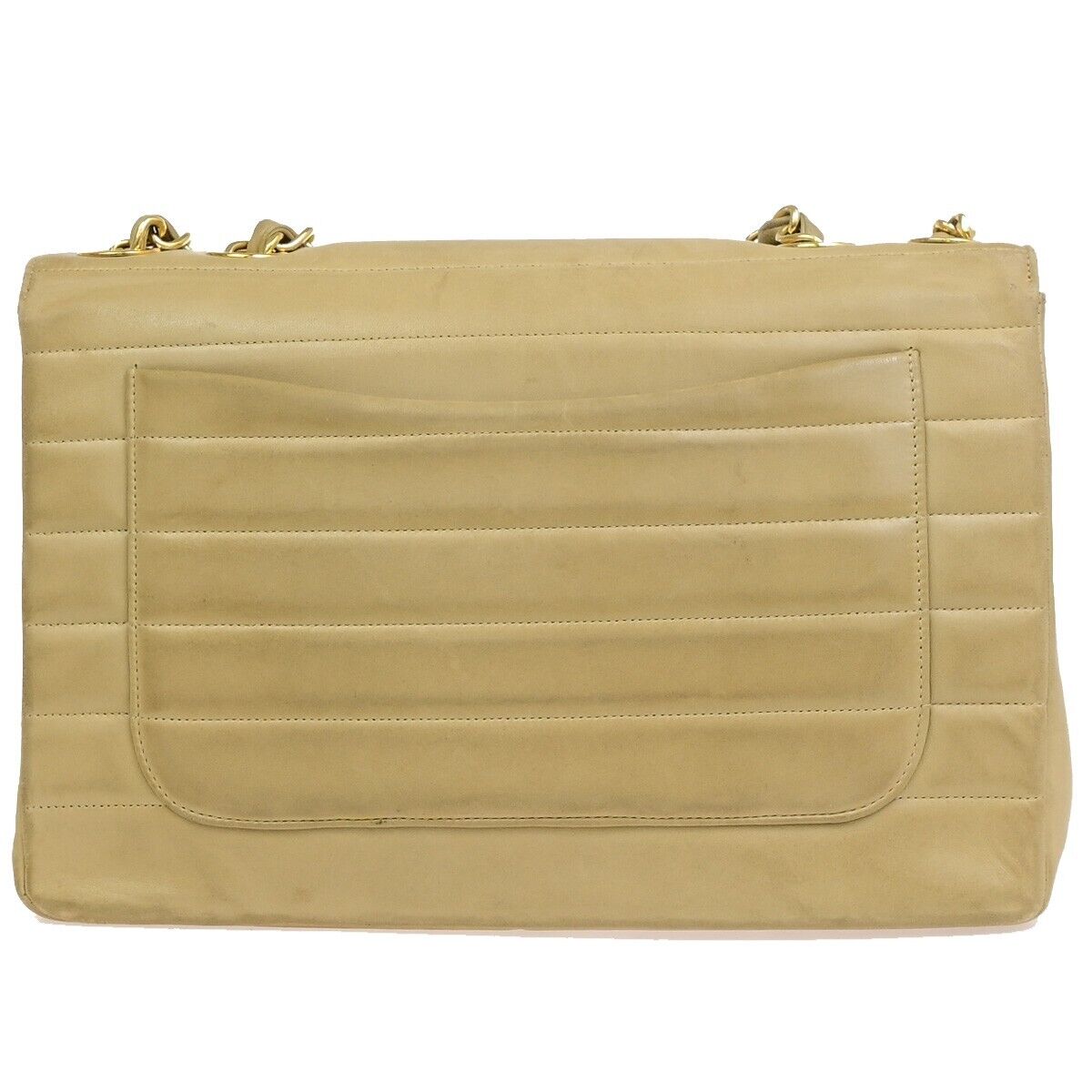 CHANEL CC Horizontal Stitch 30 Chain Shoulder Bag Leather Beige Vintage 653RF229