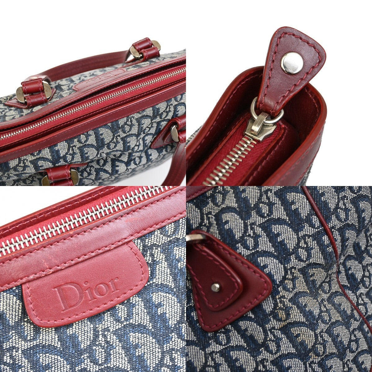 CHRISTIAN DIOR Trotter Pattern Hand Bag Canvas Leather Navy Blue Red 16EE257