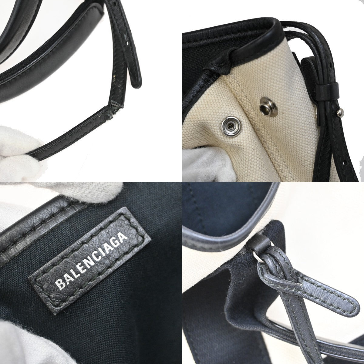 BALENCIAGA Navy Cabas XS 2Way Shoulder Hand Bag Canvas Leather White 39FC026